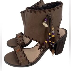 Very Volatile Women's Size 6 Boho Heeled Sandal Brown Beaded Fringe